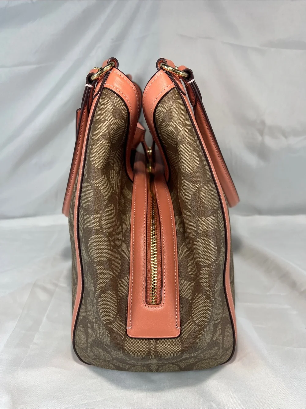 COACH C6232 Kristy Shoulder Bag In Signature Canvas Khaki Coral Pink EUC